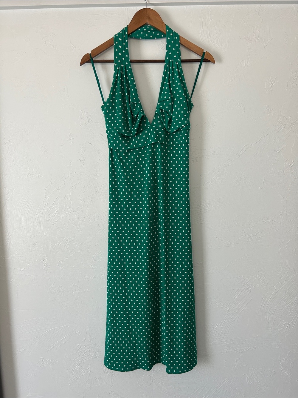 Arden B Green and White Polka Dot Halter Midi Dress